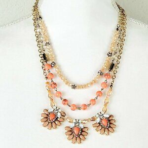 Triple Strand Statement Necklace Gold Tone Crystals Rhinestones Neutral Palette